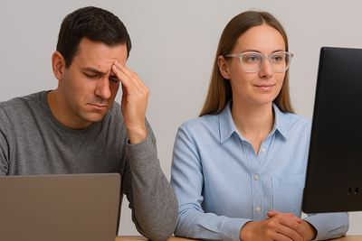 Mies kärsii silmien väsymyksestä näytön äärellä, kun taas nainen käyttää mukavia ja laadukkaita sinivalolaseja työskennellessään tietokoneella